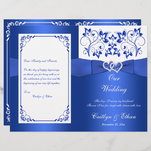 Hochzeitsprogramm für Cobalt Blue, White Floral He (Vorne/Hinten)