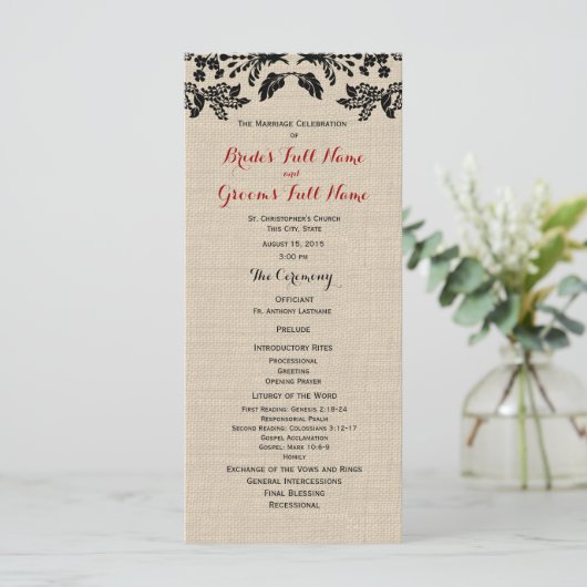 Hochzeitsprogramm für Country Garden und Burlap Programm (Stehend Vorderseite)