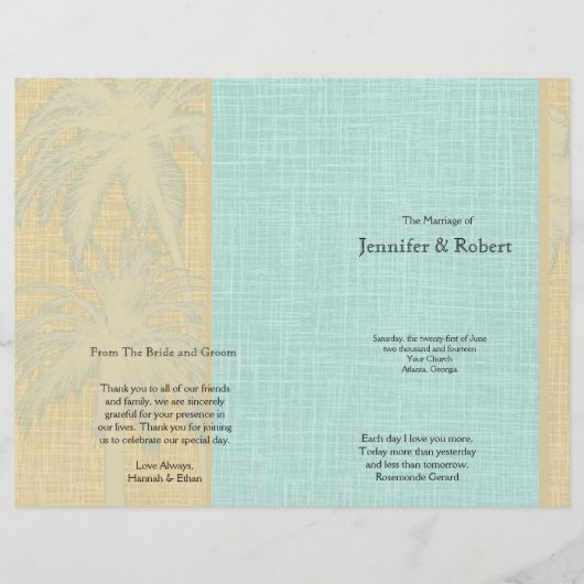 Hochzeitsprogramm für Creme Linen und Blue Palm Tr (Vorderseite)