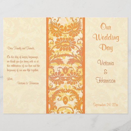 Hochzeitsprogramm für Creme, Orange, Gold Damask (Vorderseite)