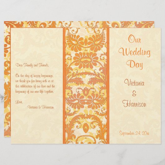 Hochzeitsprogramm für Creme, Orange, Gold Damask (Vorne/Hinten)