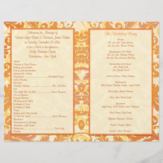 Hochzeitsprogramm für Creme, Orange, Gold Damask (Rückseite)