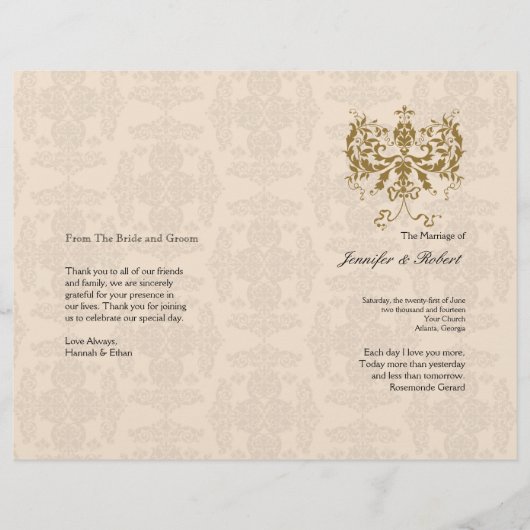 Hochzeitsprogramm für Creme und Gold Damask (Vorderseite)