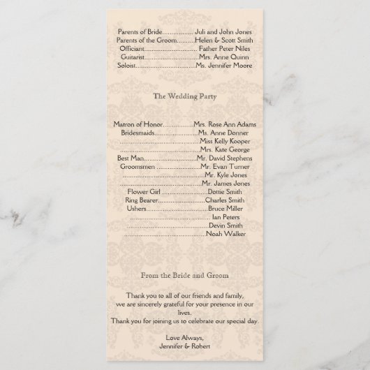 Hochzeitsprogramm für Creme und Gold Damask Programm (Rückseite)