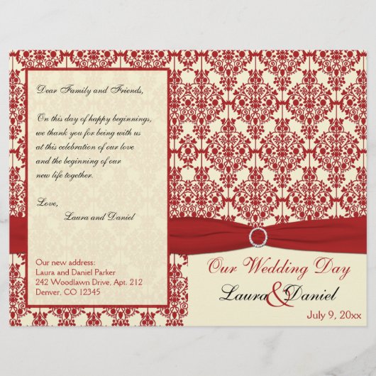 Hochzeitsprogramm für Creme und Red Damask (Vorderseite)