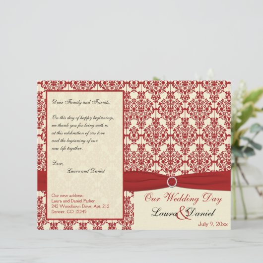Hochzeitsprogramm für Creme und Red Damask (Stehend Vorderseite)
