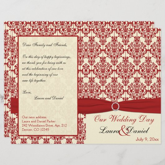 Hochzeitsprogramm für Creme und Red Damask (Vorne/Hinten)