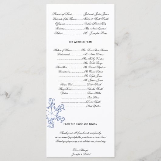 Hochzeitsprogramm für das Blaue Herz Programm (Rückseite)