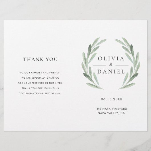 Hochzeitsprogramm für das elegante Olive Leaf Wrea (Vorderseite)