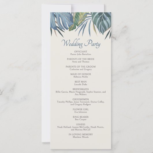 Hochzeitsprogramm für das Tropical Beach Palm (Rückseite)