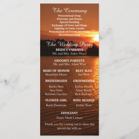 Hochzeitsprogramm für das Tropical Beach Sunset Programm (Rückseite)