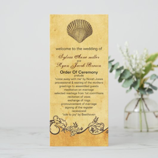 Hochzeitsprogramm für den rustikalen Muschelstrand Programm (Stehend Vorderseite)