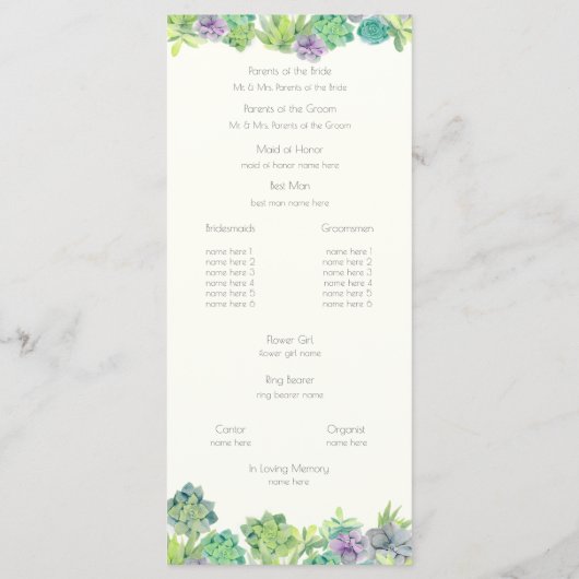 Hochzeitsprogramm für den Sukkulenten Garten Programm (Rückseite)