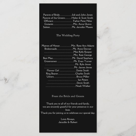 Hochzeitsprogramm für den Weingarten Mitternacht Programm (Rückseite)