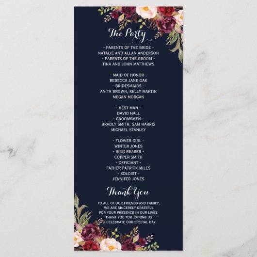 Hochzeitsprogramm für die Burgunder Marine Programm (Rückseite)