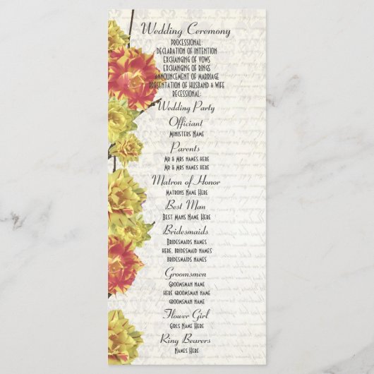 Hochzeitsprogramm für die Kirche in Gelb Programm (Rückseite)