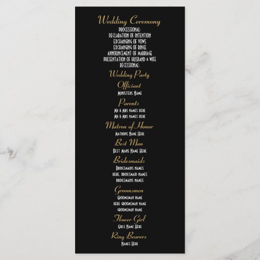 Hochzeitsprogramm für die Kirche mit Gold und schw Programm (Rückseite)