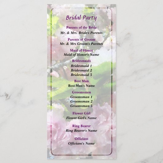 Hochzeitsprogramm für Doppelkirschblüten Programm (Rückseite)