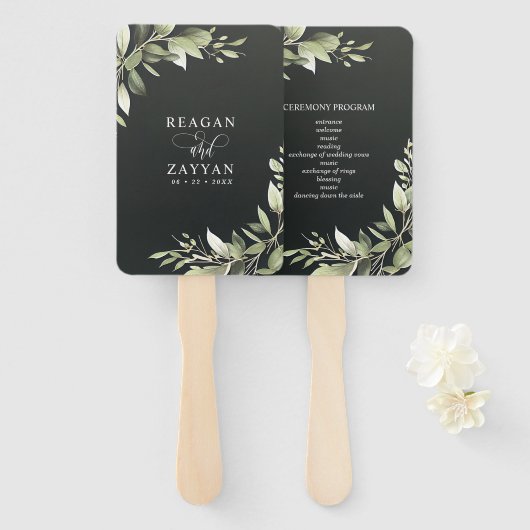 Hochzeitsprogramm für dunkelgrüne Blätter für mode Fächer (Vorne und Hinten)