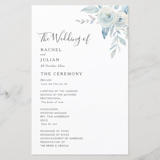 Hochzeitsprogramm für dustig blühende Blumen (Vorderseite)