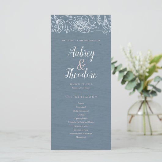 Hochzeitsprogramm für Dusty Blue & Blush-Blume - D Programm (Stehend Vorderseite)