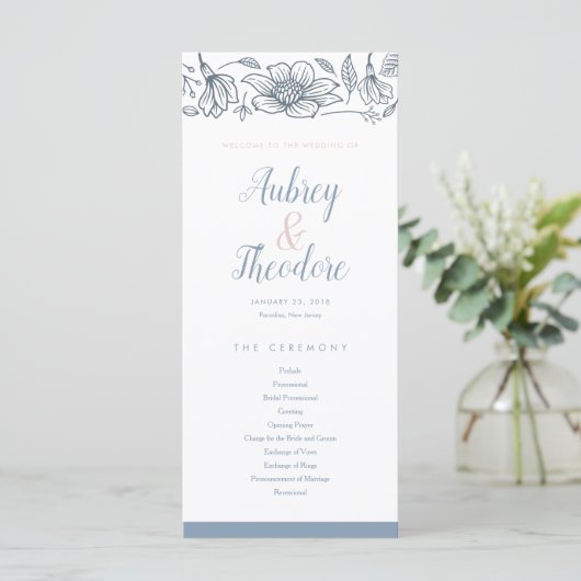Hochzeitsprogramm für Dusty Blue & Blush-Blume Programm (Stehend Vorderseite)