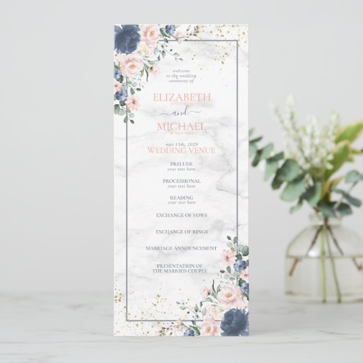 Hochzeitsprogramm für Dusty Blue Blush Pink Programm (Stehend Vorderseite)