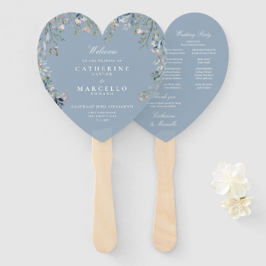 Hochzeitsprogramm für Dusty Blue Floral Cascade Fächer (Vorne und Hinten)