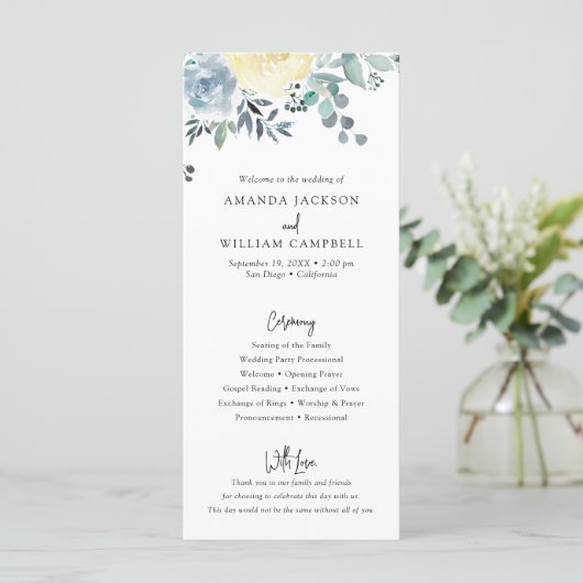 Hochzeitsprogramm für Dusty Blue Floral Greenerity (Stehend Vorderseite)