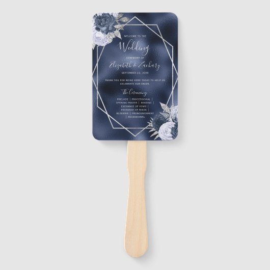 Hochzeitsprogramm für Dusty Blue Floral Silver Nav Fächer (Vorderseite)