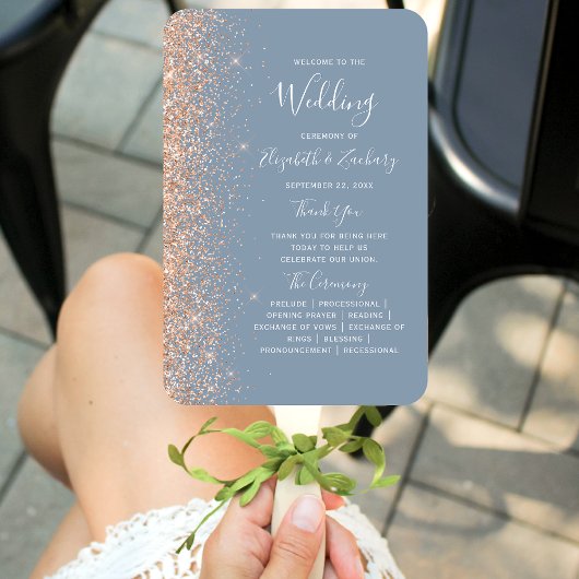Hochzeitsprogramm für Dusty Blue Peach Glitzer Edg Fächer