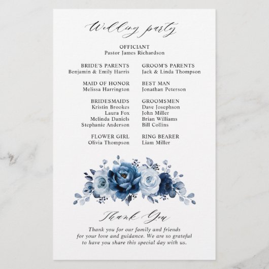 Hochzeitsprogramm für Dusty Blue Slate Navy (Rückseite)