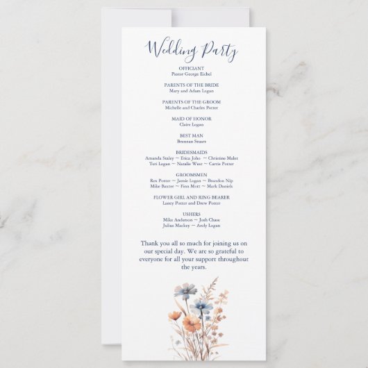 Hochzeitsprogramm für Dusty Blue und Peach Wildblu (Rückseite)