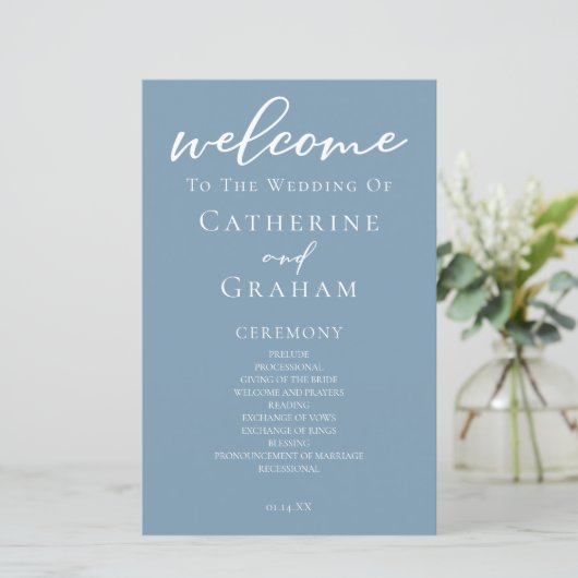 Hochzeitsprogramm für dutzende blaue weiße Script- (Stehend Vorderseite)