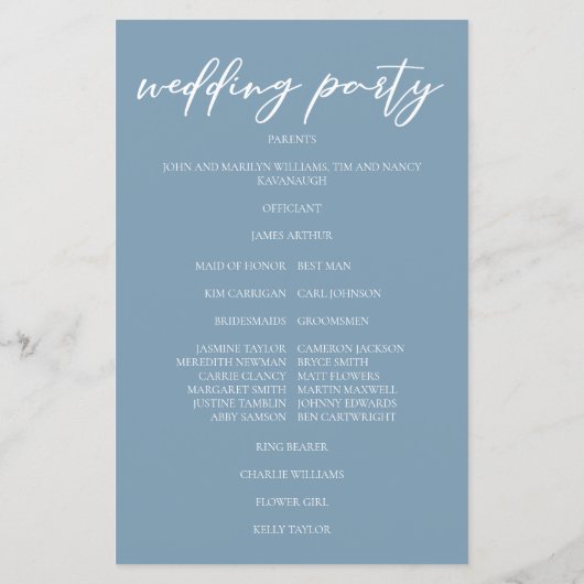 Hochzeitsprogramm für dutzende blaue weiße Script- (Rückseite)