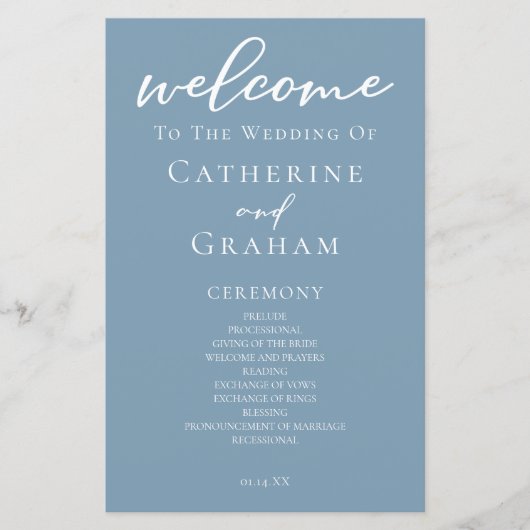 Hochzeitsprogramm für dutzende blaue weiße Script- (Vorderseite)