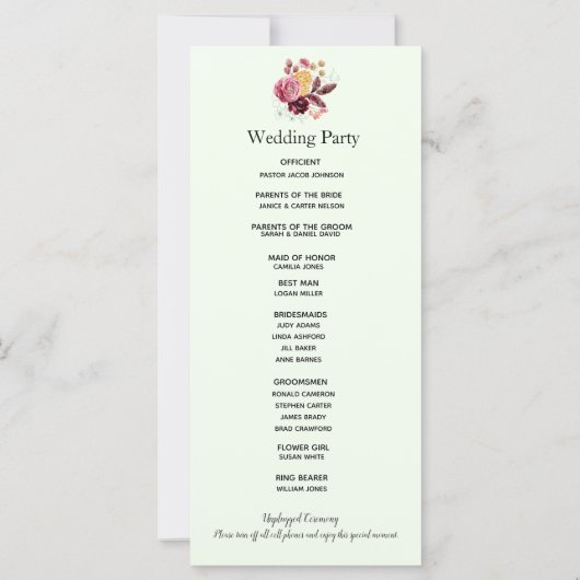 Hochzeitsprogramm für eklektische Wildblumen Karte (Rückseite)