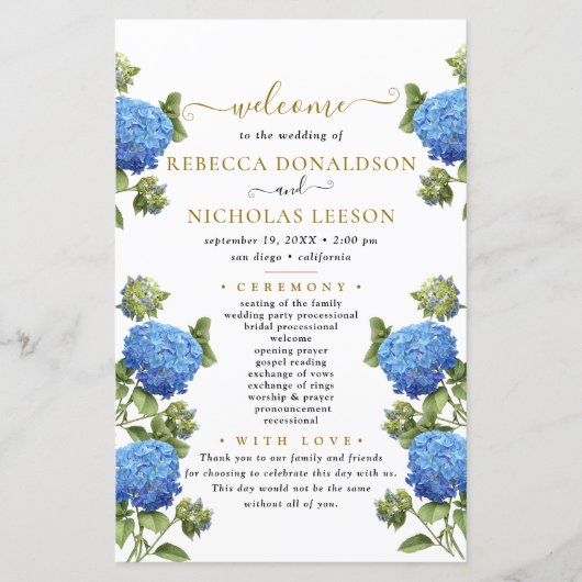 Hochzeitsprogramm für Elegant Blue Flowers (Vorderseite)