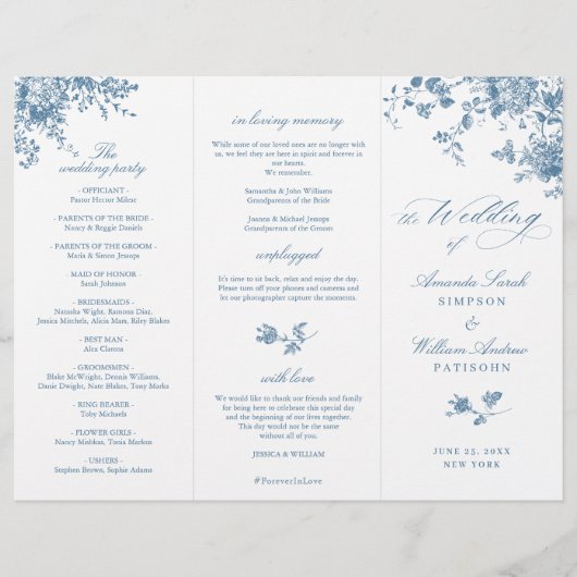Hochzeitsprogramm für Elegant Blue French Blume (Vorderseite)