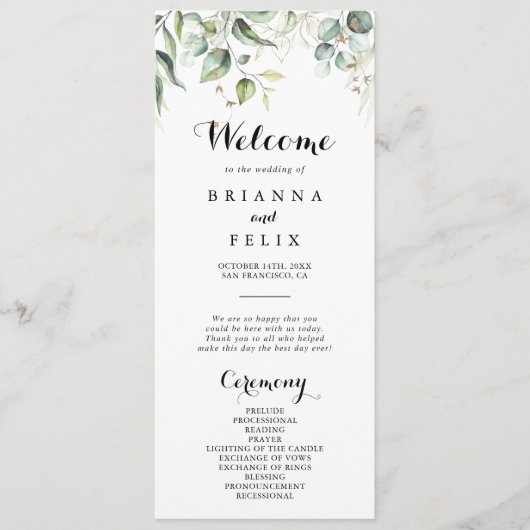 Hochzeitsprogramm für Elegant-Gold-Grünpflanzen Programm (Vorderseite)