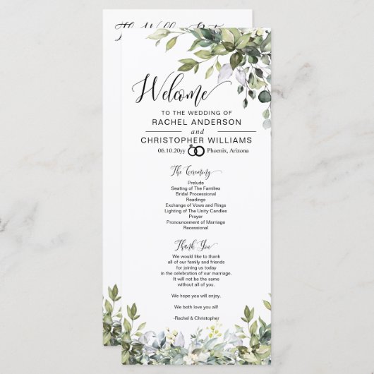 Hochzeitsprogramm für Elegant-Grünen-Kalligrafie Menükarte (Vorne/Hinten)