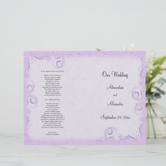 Hochzeitsprogramm für Elegant Lilac Scrollwork (Stehend Vorderseite)