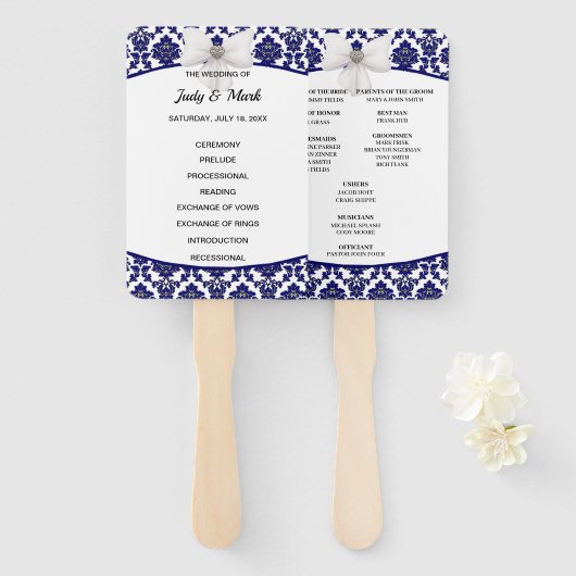 Hochzeitsprogramm für Elegant Navy Blue Damask Fächer (Vorne und Hinten)