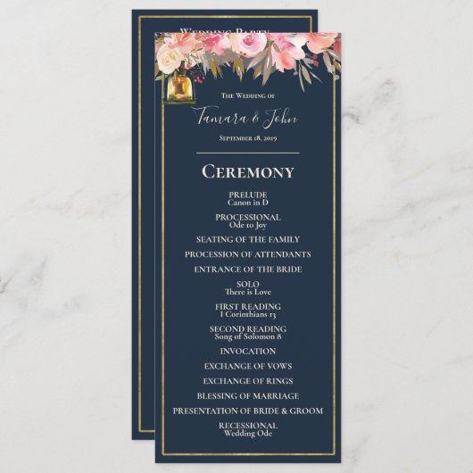 Hochzeitsprogramm für elegante blaue Korallenbeleu Einladung (Vorne/Hinten)