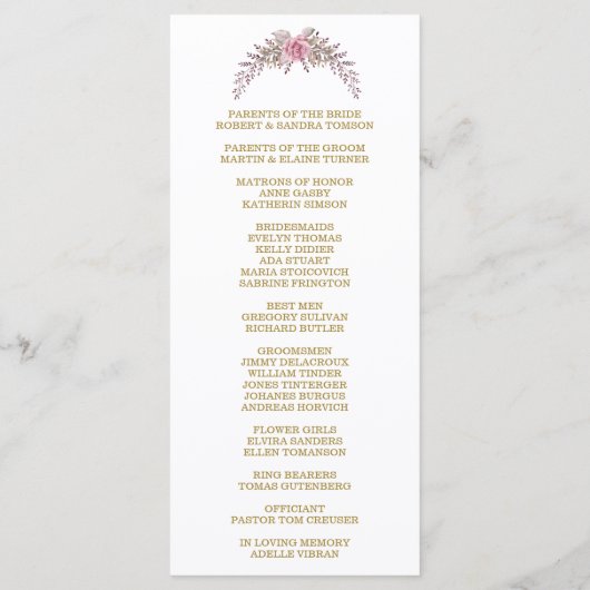 Hochzeitsprogramm für elegante Blush Bloral Gold F Programm (Rückseite)