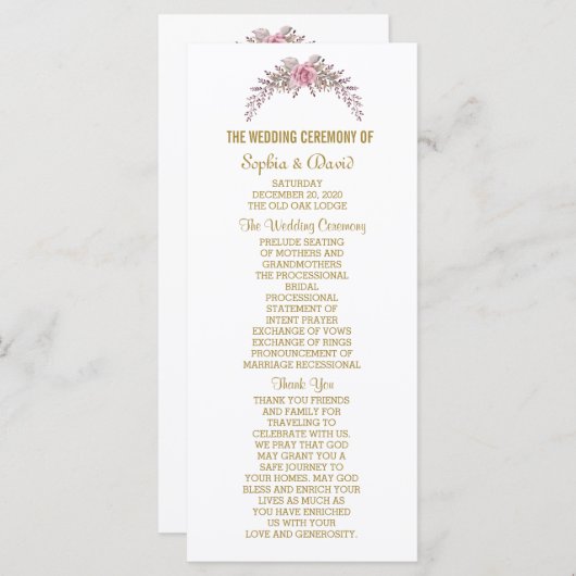 Hochzeitsprogramm für elegante Blush Bloral Gold F Programm (Vorne/Hinten)