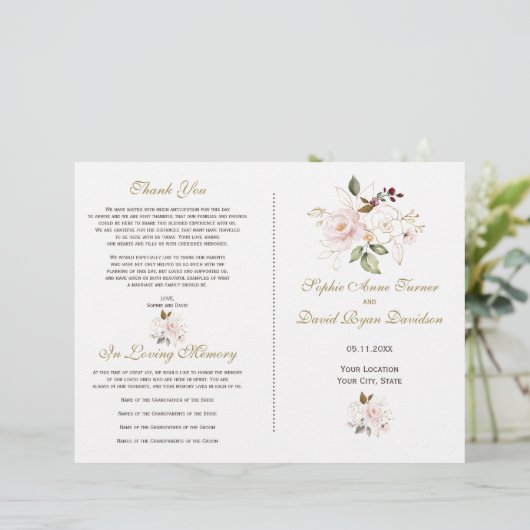 Hochzeitsprogramm für elegante Blush-Gold-Blume (Stehend Vorderseite)