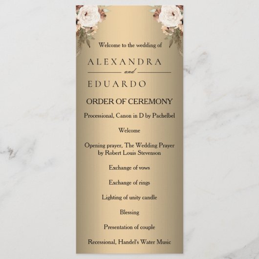 Hochzeitsprogramm für Elegante Boho Golden Floral Programm (Vorderseite)