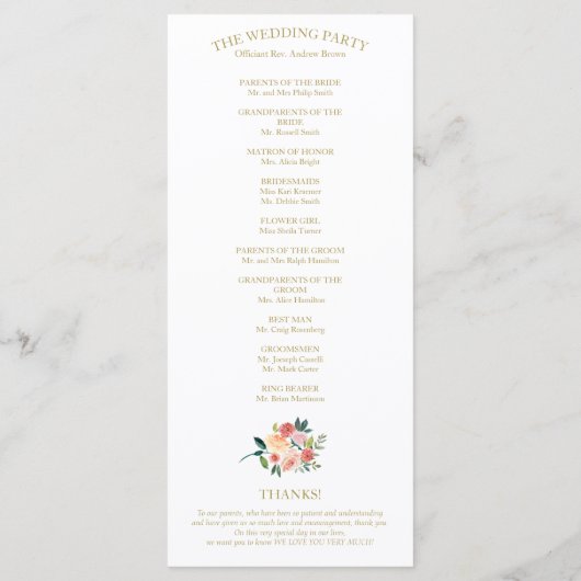 Hochzeitsprogramm für elegante Goldflora-Wasserfar Programm (Rückseite)