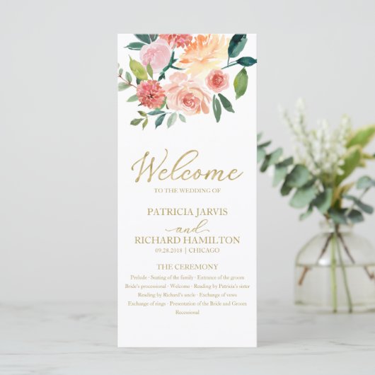 Hochzeitsprogramm für elegante Goldflora-Wasserfar Programm (Stehend Vorderseite)